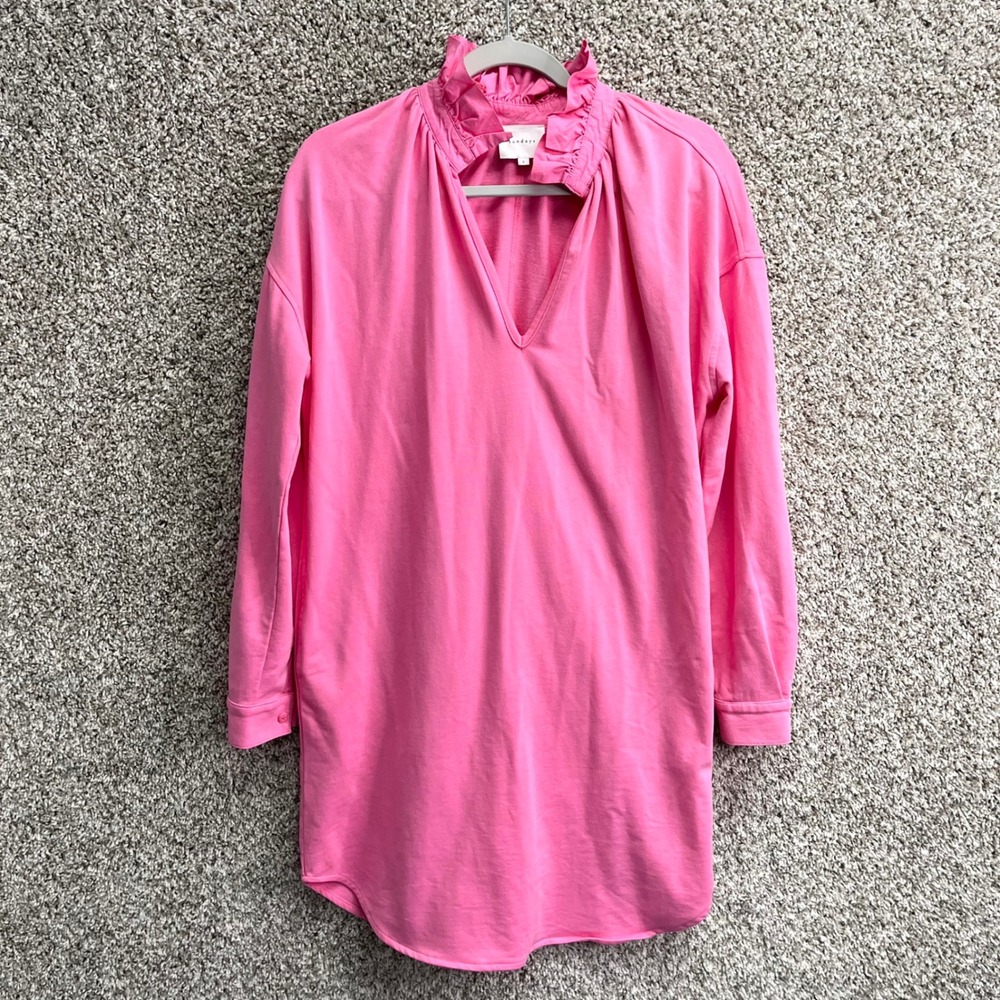 Sundays Dress Women's S Fiona Pink Ruffle Neck Long Sleeve V-Neck French‎ Terry